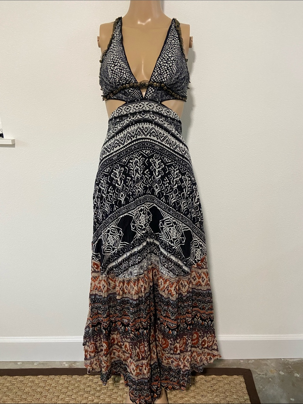 Free People boho Black & Rust Patterned Cutout Maxi Dress Sz M